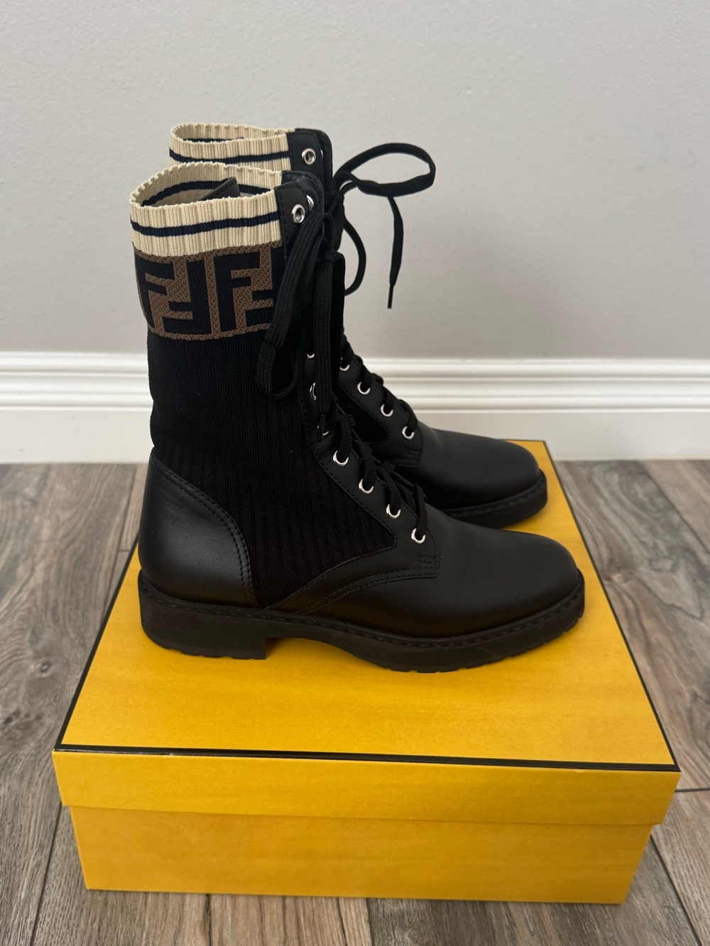 Fendi Black Leather and Beige Logo Knit Lace-Up Ankle Boots
